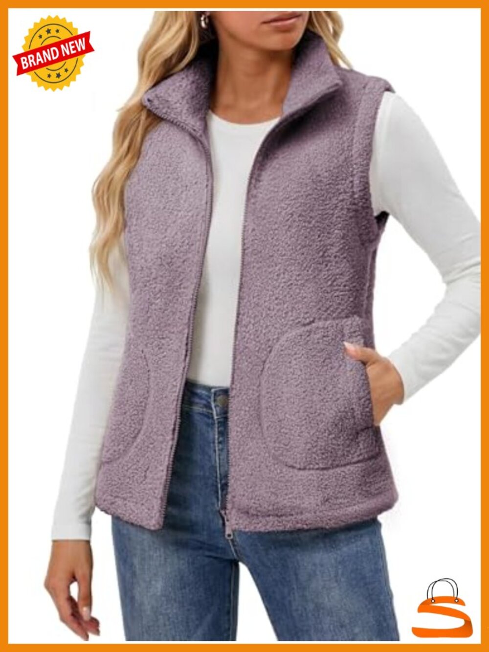 Fleece Vest Zipper Sherpa Stand Collar Sleeveless Pockets